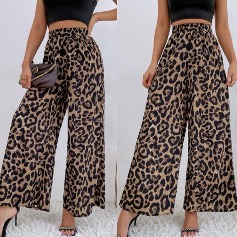 Boho leopard print wide leg palazzo pants